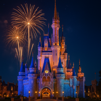 Magic Kingdom at sunset with Cinderella Castle glowing