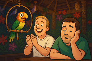 Tiki Room birds squawking while Chad claps and Jack snoozes